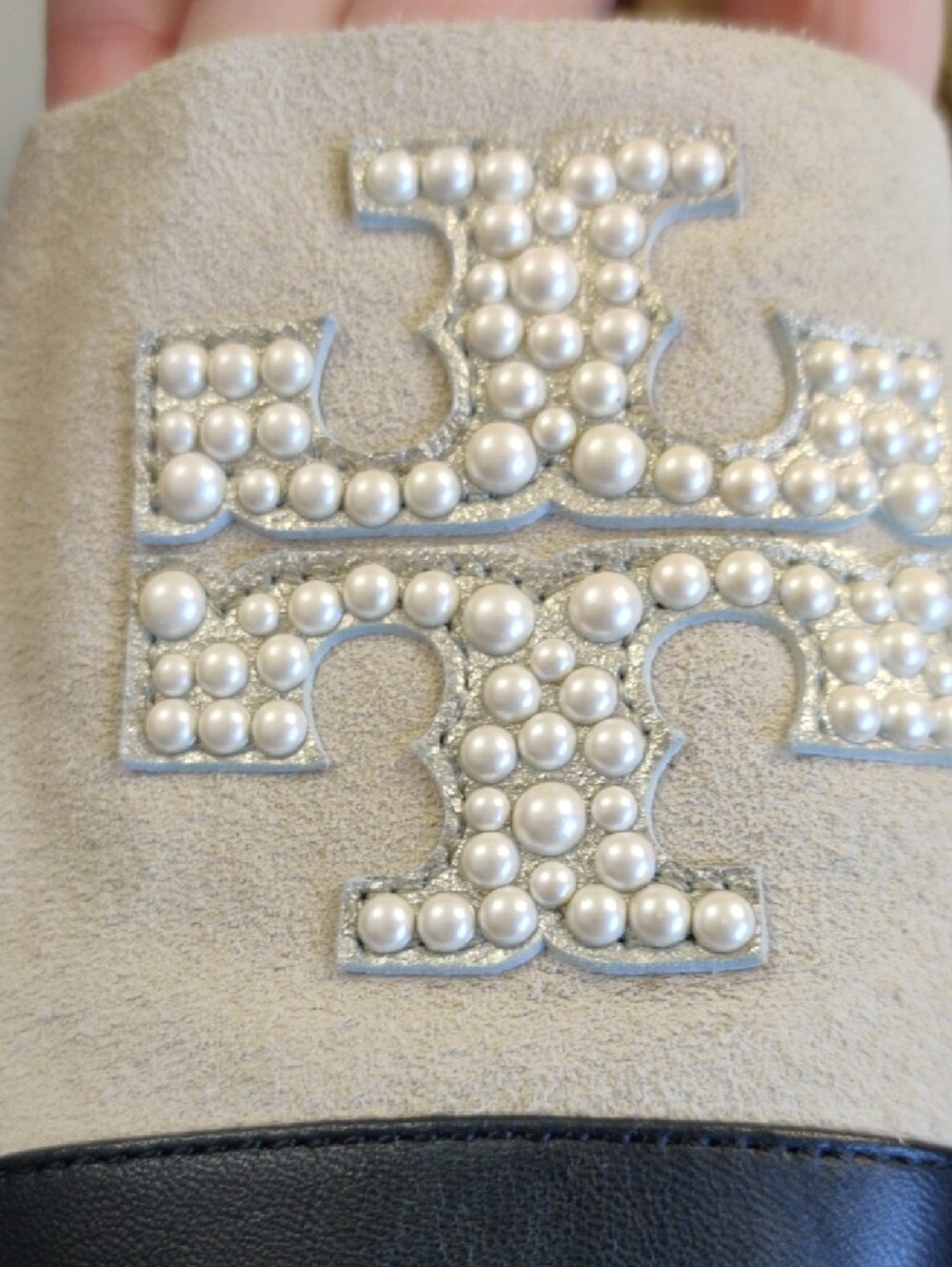 Tory Burch Cream Suede Espadrilles with Black Cap Toe and Pearl Logo Emblem - Picture 6 of 8